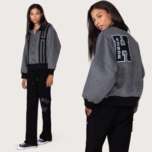 NEW Honor The Gift Prep School Bomber Varsity Jacket M Gray Patch Wool